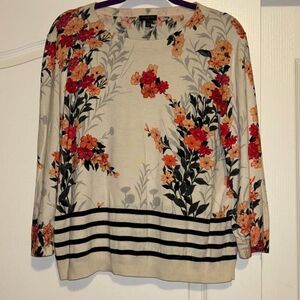 Talbots 3/4 sleeve ivory pink red floral black stripes sweater top woman's XLP